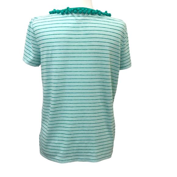 Talbots Green Striped Pom Pom Scoop Neckline Linen Blend T-shirt Top - Picture 5 of 7